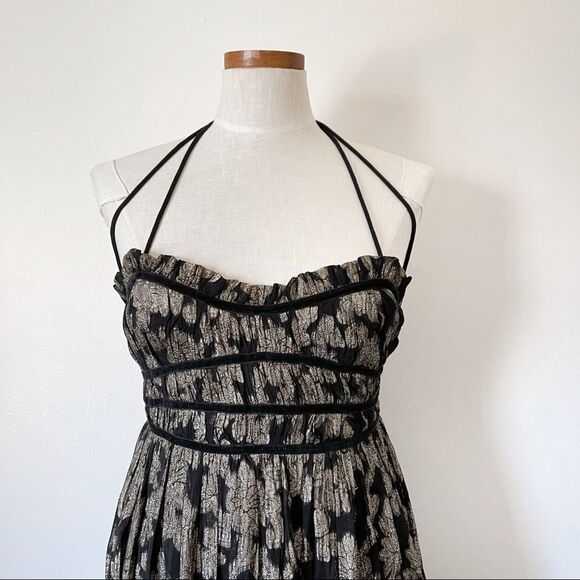 Free People Charlie Bustier Gold Metallic print Maxi dress tiered XS - Picture 3 of 8